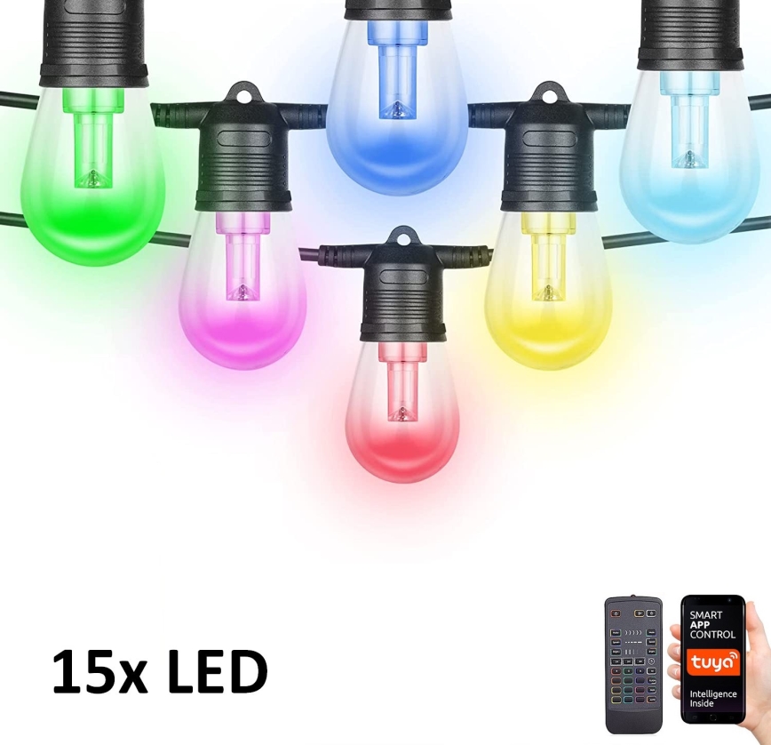 Светодиодная уличная RGB+CCT гирлянда с регулированием яркости GARLAND 15xLED/1W/230V 15 м Wi-Fi Tuya IP65 + дистанционное управление