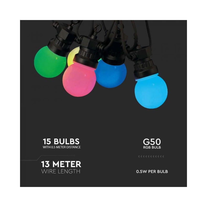Светодиодная уличная RGB-гирлянда STRING 13 м 15xLED/0,5W/230V IP44 + дистанционное управление