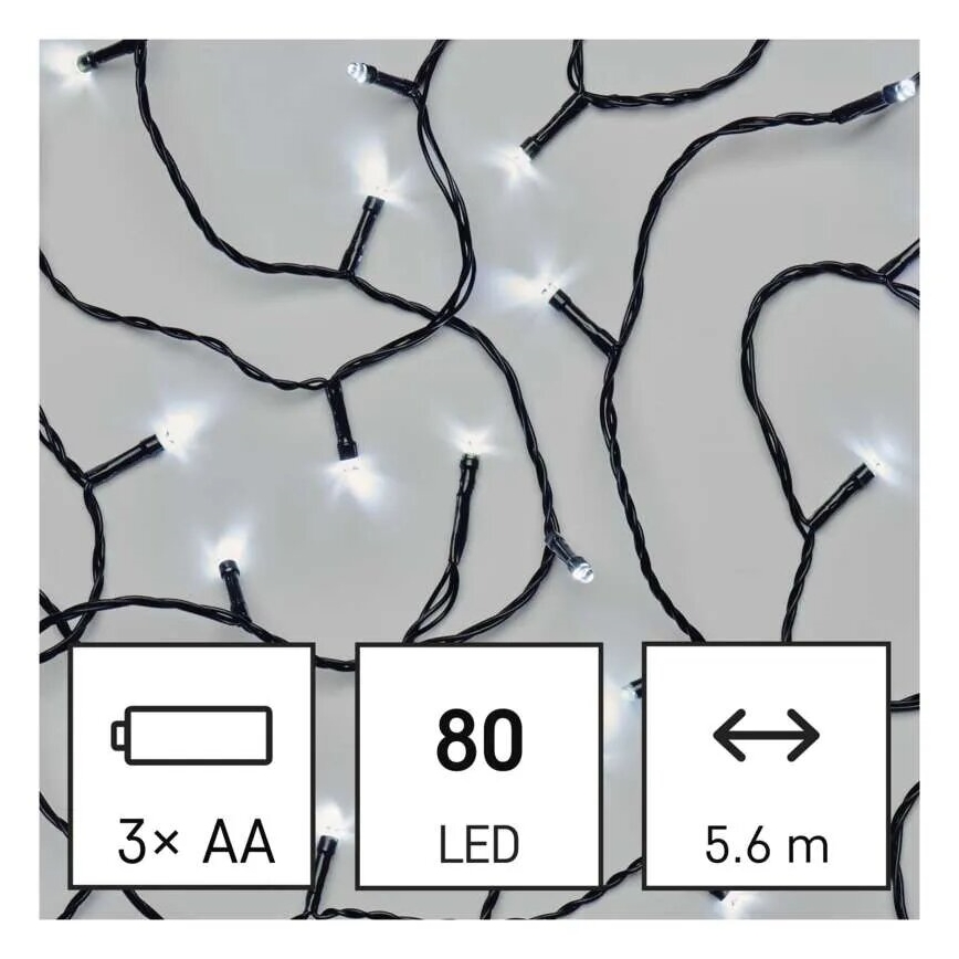 Светодиодная уличная рождественская гирлянда 80xLED/3xAA 6,1 м IP44 холодный белый