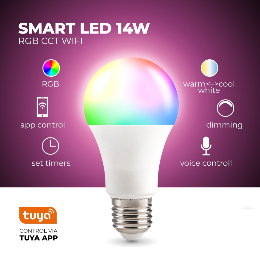 Светодиодная умная RGB-лампочка с регулированием яркости E27/9,5W/230V 2700-6500K Wi-Fi Tuya