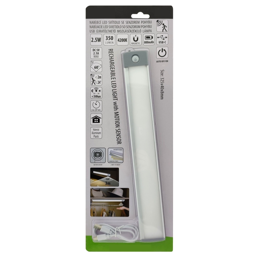 Светодиодное аккумуляторное мебельное освещение с датчиком LED/2,5W/5V USB 800 mAh 4200K 32,5 см