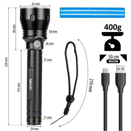 Светодиодный аккумуляторный фонарь с регулированием яркости LED/20W/5V IPX5 1570 блестящий 8400 mAh