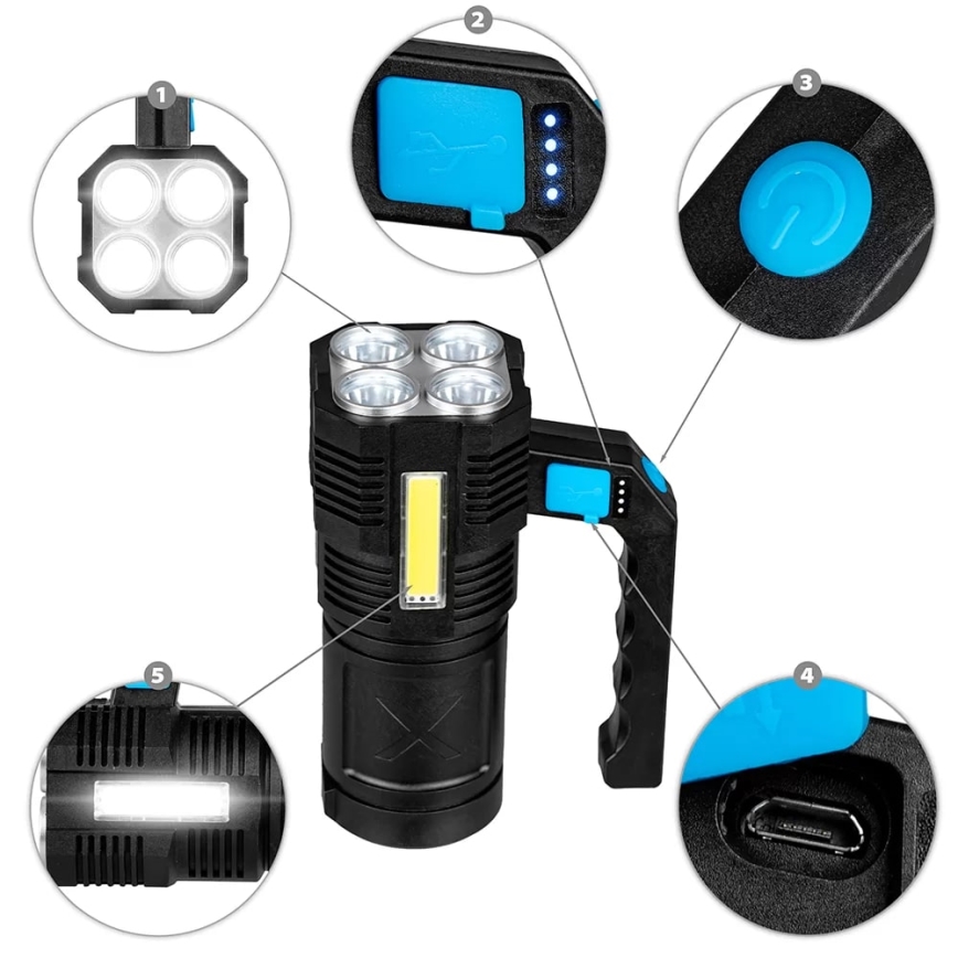 Светодиодный аккумуляторный фонарь с регулированием яркости LED/5V IPX4 250 блестящий 1200 mAh