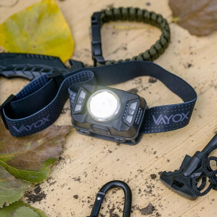 Светодиодный аккумуляторный налобный фонарь с регулированием яркости, датчиком и красным светом LED/15W/5V IP66 430 блестящий 1800 mAh