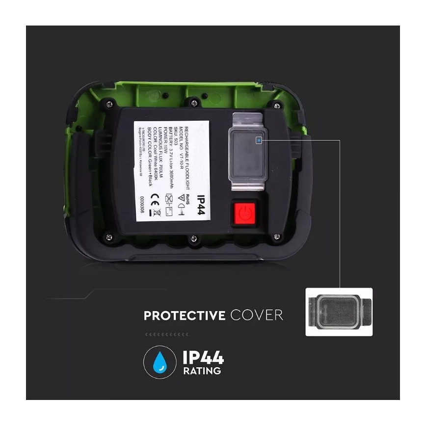Светодиодный аккумуляторный прожектор SAMSUNG CHIP LED/10W/3,7V IP44 6400K 3600 mAh зеленый