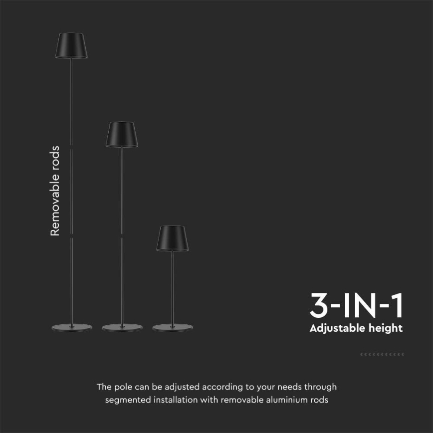 Светодиодный аккумуляторный торшер с регулированием яркости 3в1 LED/4W/5V 4400 mAh 3000K IP54 черный