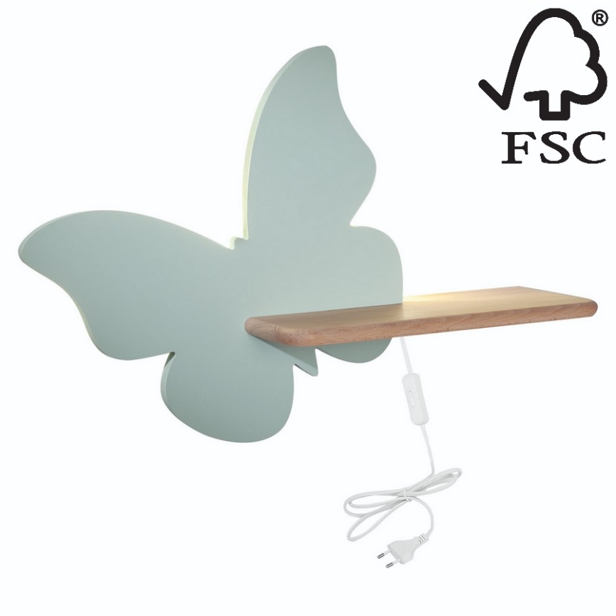 Светодиодный детский настенный светильник с полкой BUTTERFLY LED/5W/230V зеленый/дерево