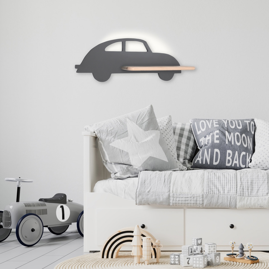 Светодиодный детский настенный светильник с полкой CAR LED/5W/230V серый/дерево - сертифицировано FSС