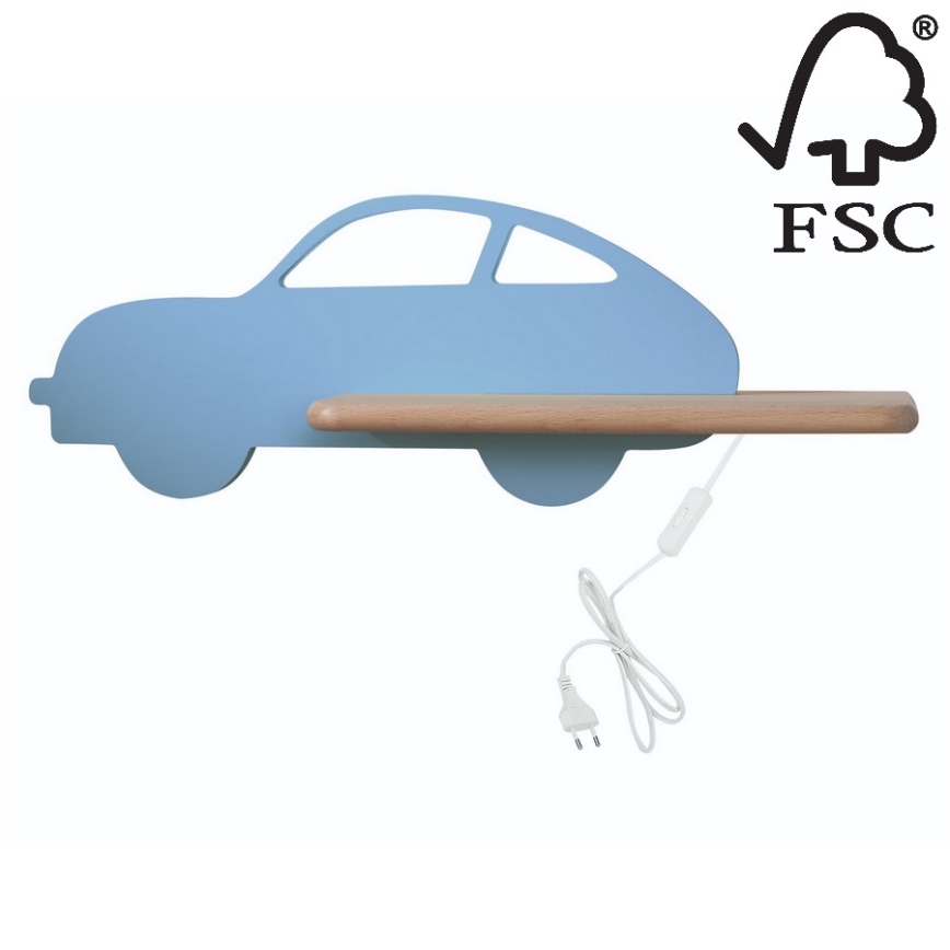 Светодиодный детский настенный светильник с полкой CAR LED/5W/230V синий/дерево - сертифицировано FSC