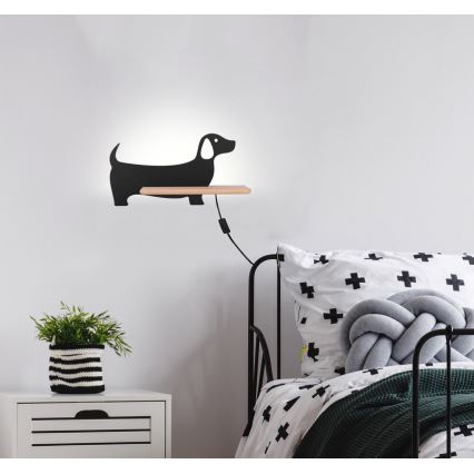 Светодиодный детский настенный светильник с полкой DOG LED/5W/230V черный/дерево - сертифицировано FSC