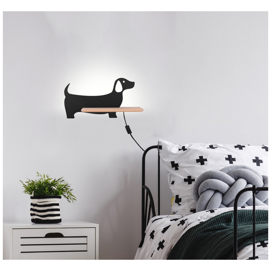 Светодиодный детский настенный светильник с полкой DOG LED/5W/230V черный/дерево - сертифицировано FSC