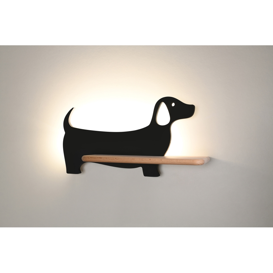 Светодиодный детский настенный светильник с полкой DOG LED/5W/230V черный/дерево - сертифицировано FSC