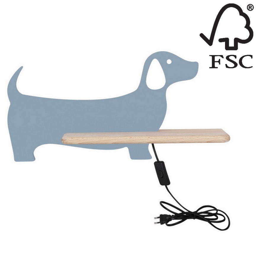 Светодиодный детский настенный светильник с полкой DOG LED/5W/230V синий/дерево - сертифицировано FSC