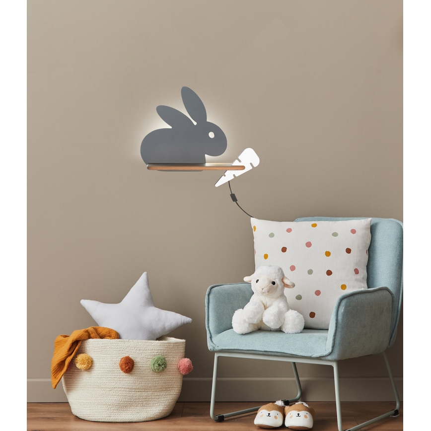 Светодиодный детский настенный светильник с полкой RABBIT LED/4W/230V серый/белый/дерево