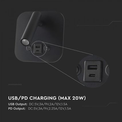Светодиодный настенный спот с USB-портом LED/8W/230V 3000K чёрный