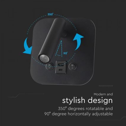 Светодиодный настенный спот с USB-портом LED/8W/230V 3000K чёрный