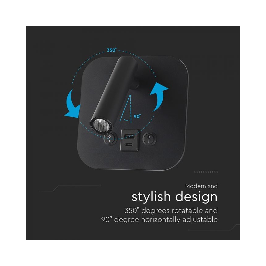 Светодиодный настенный спот с USB-портом LED/8W/230V 3000K чёрный