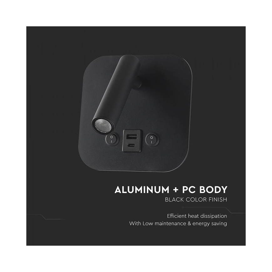 Светодиодный настенный спот с USB-портом LED/8W/230V 3000K чёрный