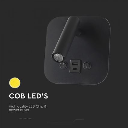 Светодиодный настенный спот с USB-портом LED/8W/230V 3000K чёрный