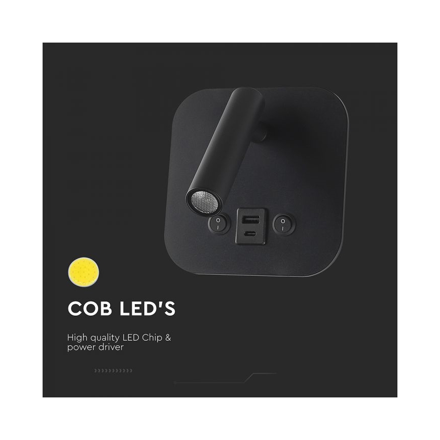 Светодиодный настенный спот с USB-портом LED/8W/230V 3000K чёрный