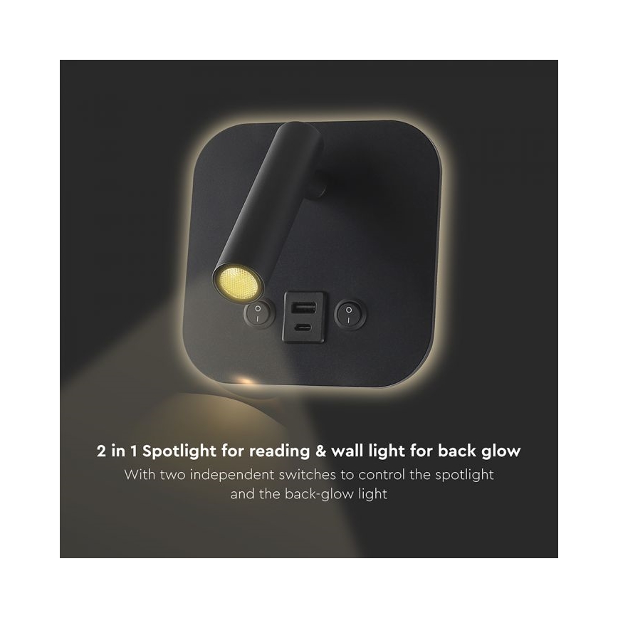 Светодиодный настенный спот с USB-портом LED/8W/230V 3000K чёрный