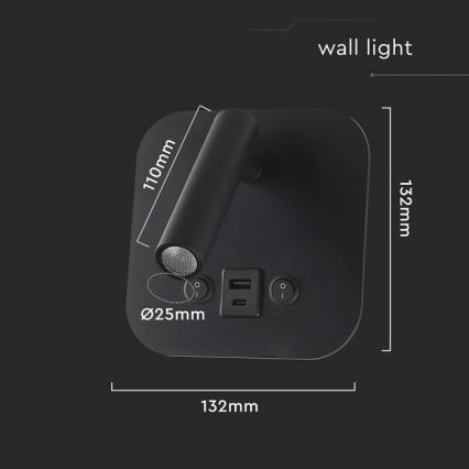 Светодиодный настенный спот с USB-портом LED/8W/230V 3000K чёрный