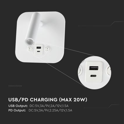 Светодиодный настенный точечный светильник с USB-портом LED/8W/230V 3000K белый