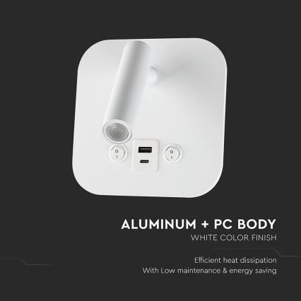 Светодиодный настенный точечный светильник с USB-портом LED/8W/230V 3000K белый