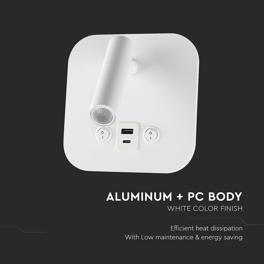 Светодиодный настенный точечный светильник с USB-портом LED/8W/230V 3000K белый