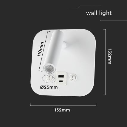 Светодиодный настенный точечный светильник с USB-портом LED/8W/230V 3000K белый