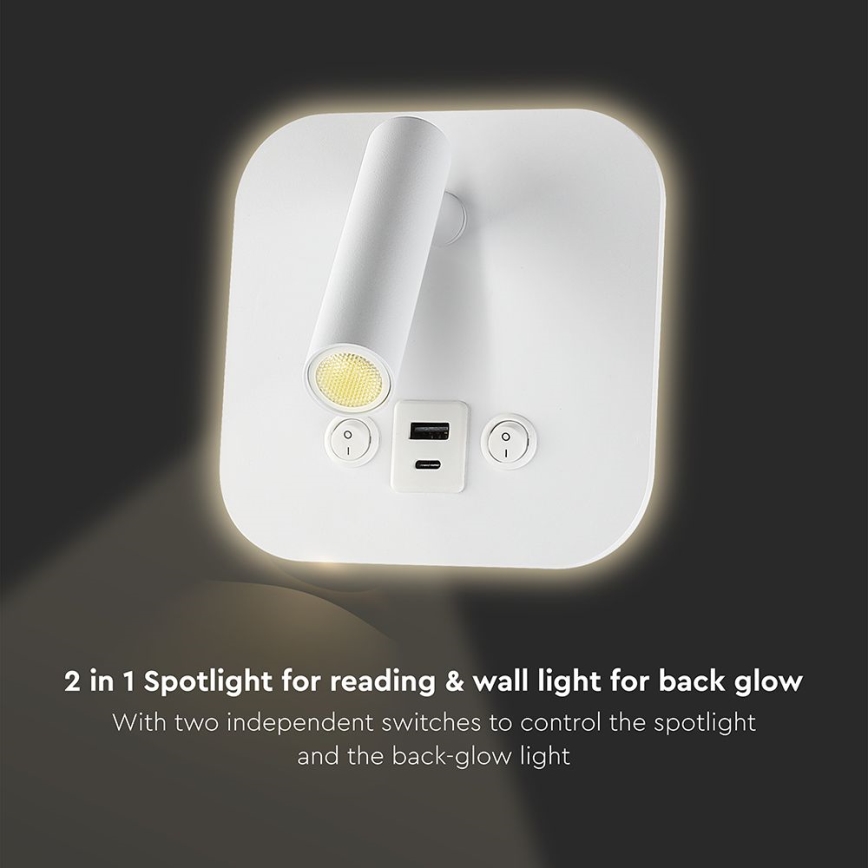 Светодиодный настенный точечный светильник с USB-портом LED/8W/230V 3000K белый