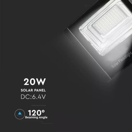 Светодиодный прожектор на солнечной батарее с регулированием яркости LED/20W/6,4V 4000K IP65 10000 mAh + дистанционное управление