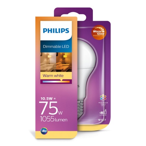 Светодиодная диммируемая лампочка Philips Warm Glow A60 E27/10,5/230V 2200K-2700K