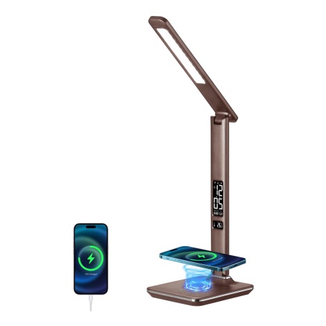 Светодиодная настольная лампа с регулированием яркости, беспроводной QI-зарядкой и USB KINGFISHER LED/8,5W/230V коричневый