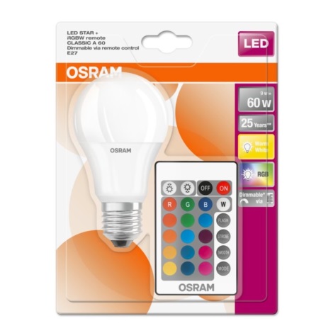 Светодиодная RGB-лампочка с регулированием яркости E27/9W/230V 2700K с пультом дистанционного управления - Osram