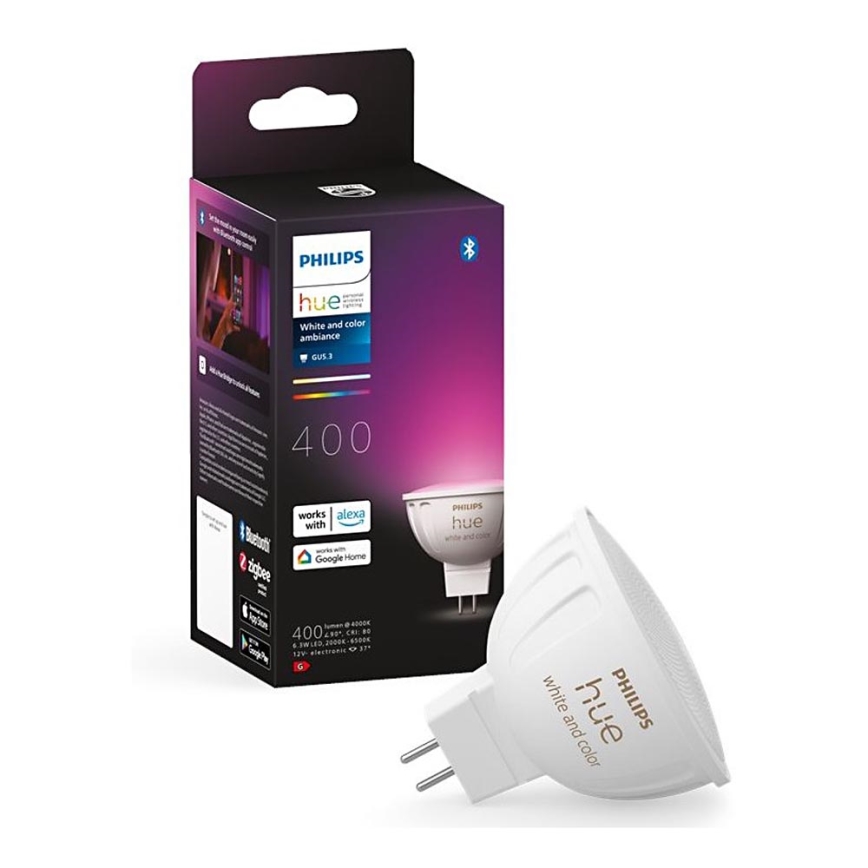 Светодиодная RGBW-лампочка с регулированием яркости Philips Hue White And Color Ambiance GU5,3/MR16/6,3W/12V 2000-6500K