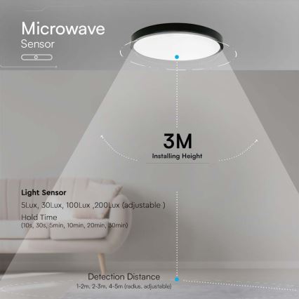 Світильник для ванної кімнати на стелю з LED, сенсором, LED/36 Вт/230 В, 4000K, IP44, діаметр 42 см, чорний + пульт дистанційного керування