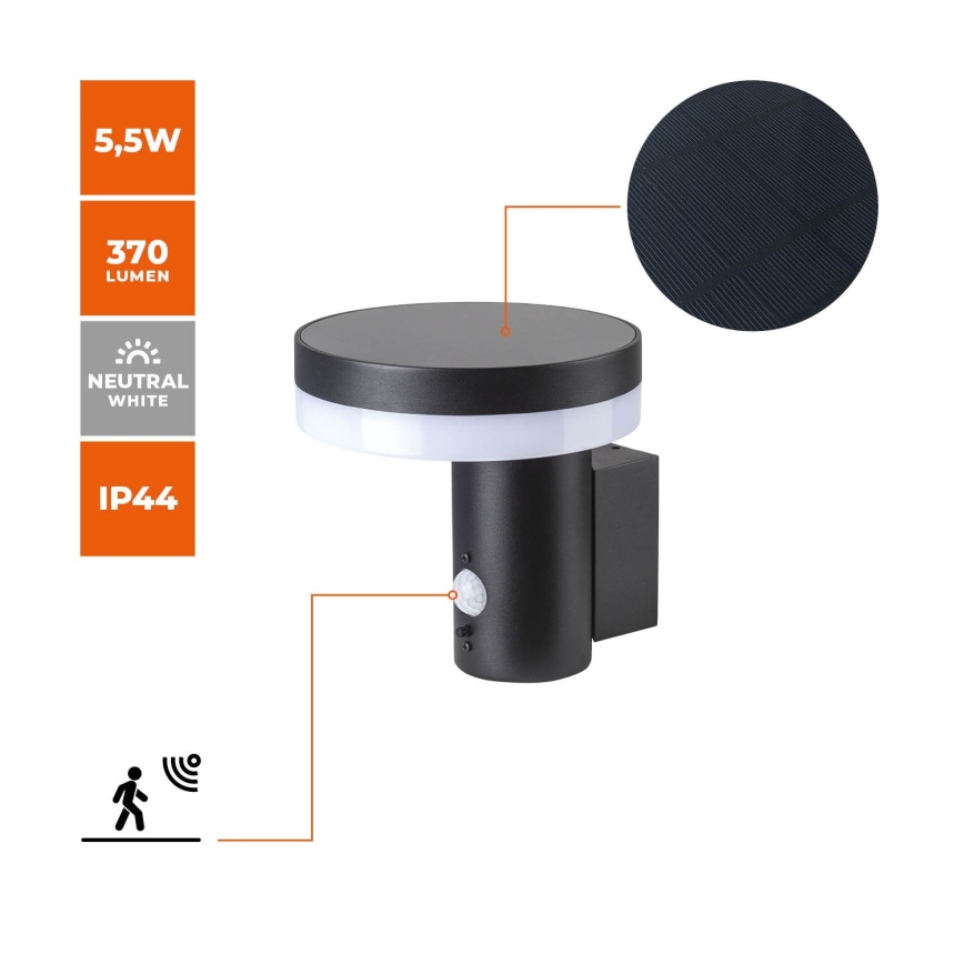 Світильник на сонячних батареях для настінного монтажу з датчиком SOLARIS3 LED/5,5W/3,7V 4000K IP44 2600 mAh