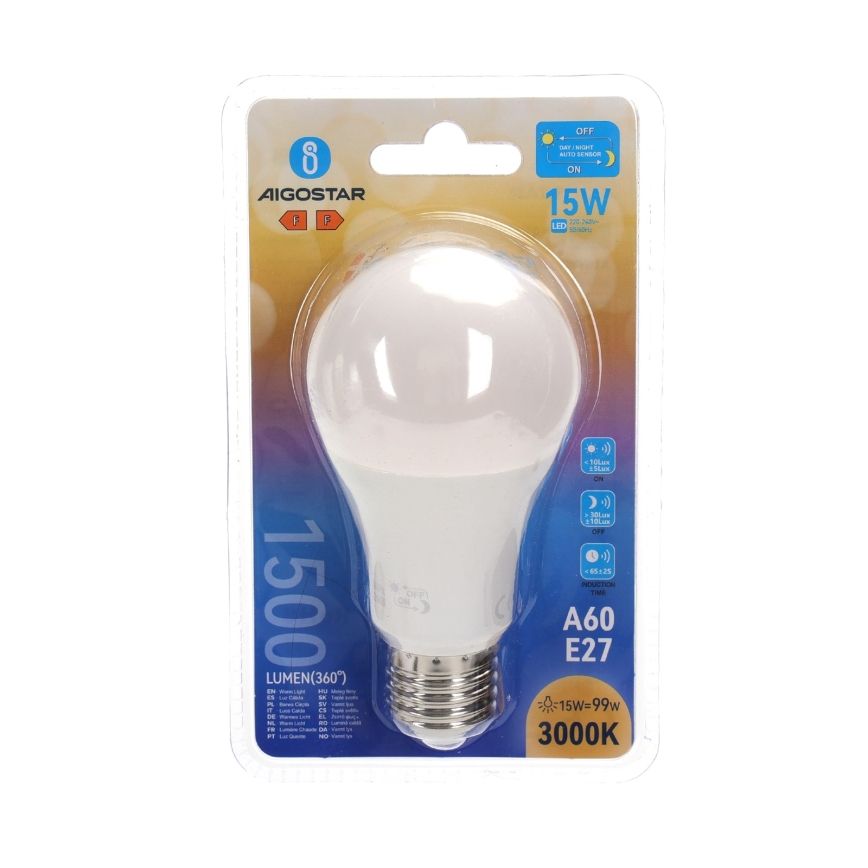 Світлодіодна лампа з датчиком сутінків A60 E27/15W/230V 3000K - Aigostar