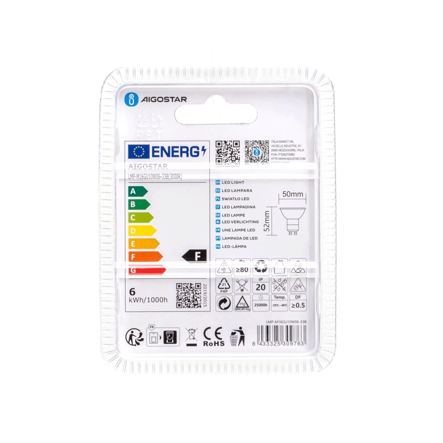 Світлодіодна лампочка GU10/6W/230V 3000K - Aigostar