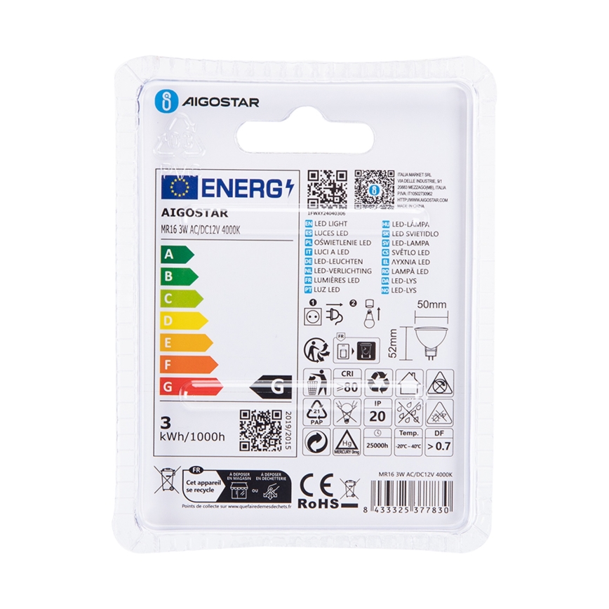 Світлодіодна лампочка MR16 GU5,3/3W/12V 4000K - Aigostar