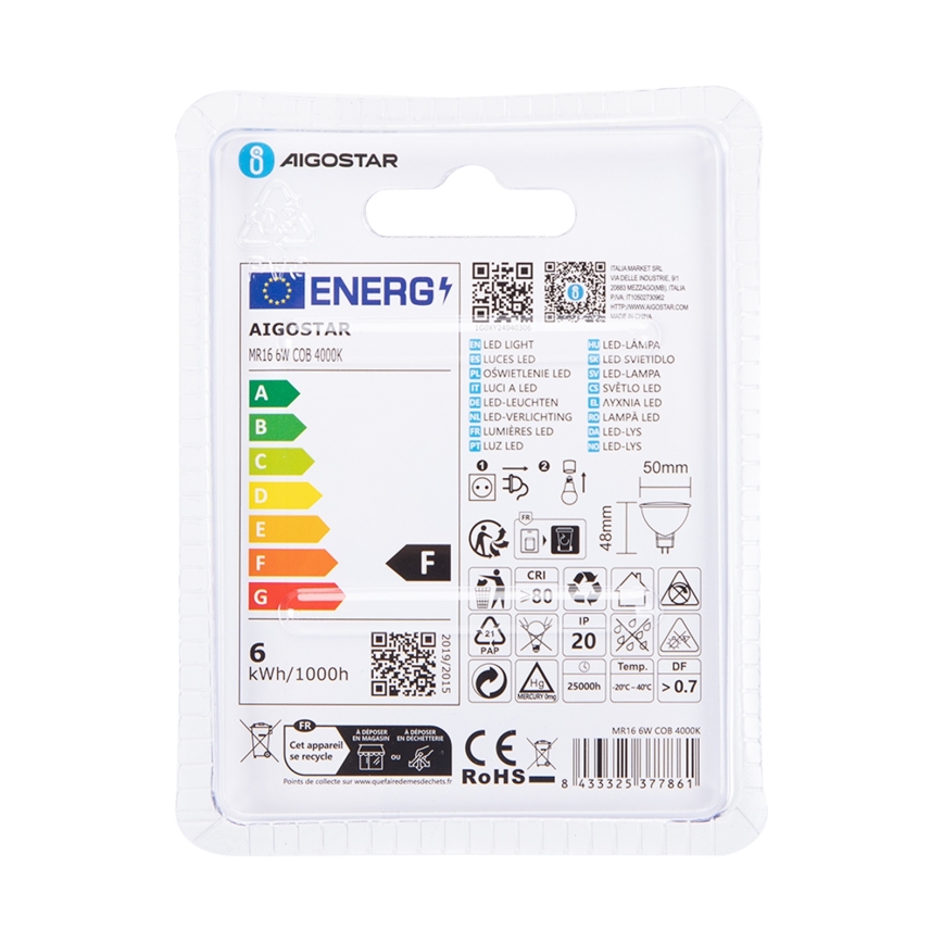 Світлодіодна лампочка MR16 GU5,3/6W/12V 4000K - Aigostar