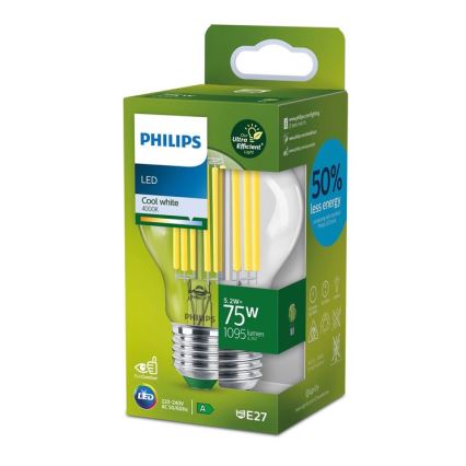 Світлодіодна лампочка FILAMENT Philips A70 E27/5,2W/230V 4000K