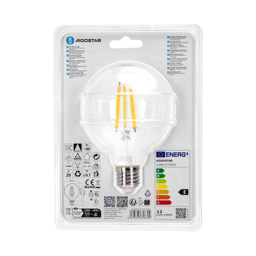 Світлодіодна лампочка G95 E27/12W/230V 2700K - Aigostar