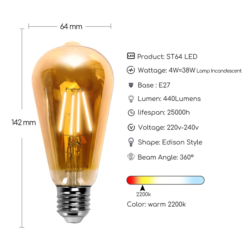Світлодіодна лампочка ST64 E27/4W/230V 2200K - Aigostar
