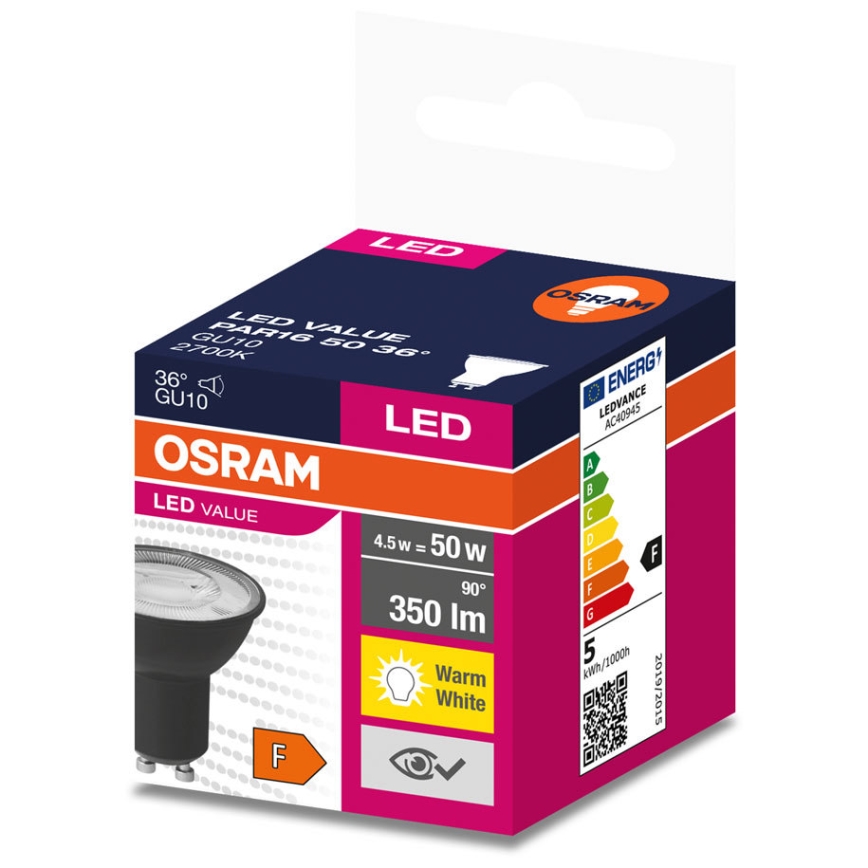 Світлодіодна лампочка VALUE PAR16 GU10/4,5W/230V 2700K 36° чорний - Ledvance
