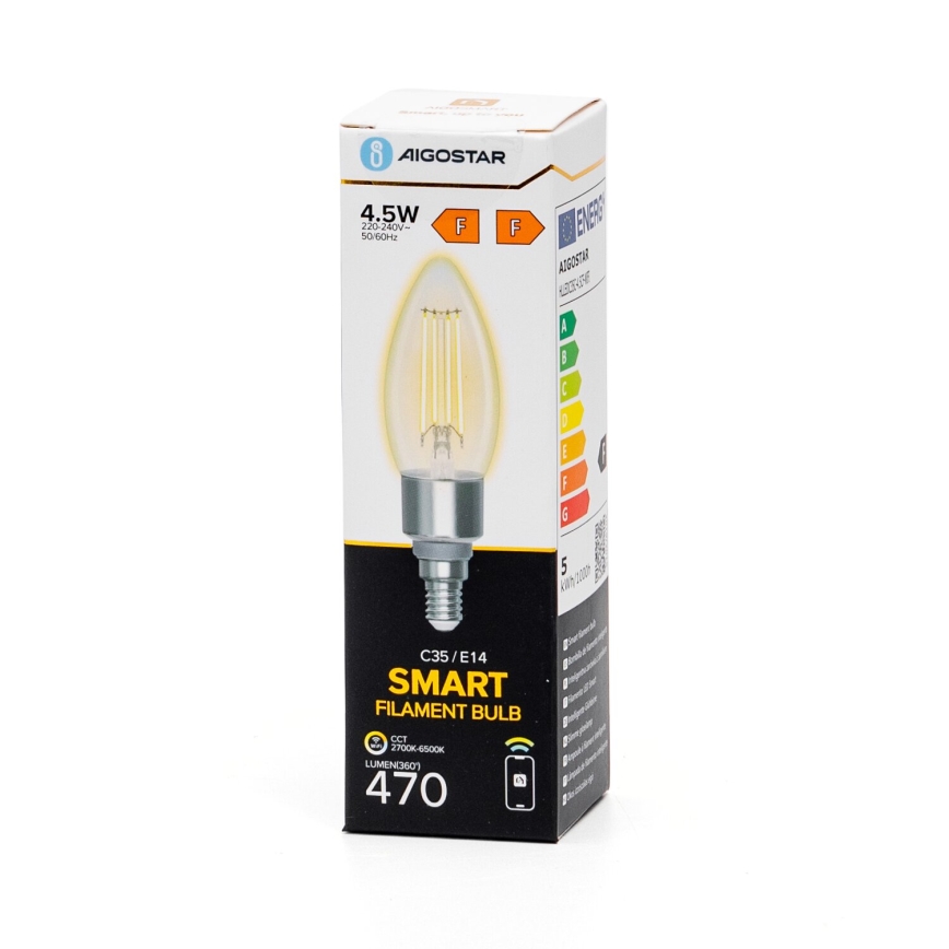 Світлодіодна лампочка з регулюванням яскравості FILAMENT C35 E14/4,5W/230V 2700-6500K Wi-Fi - Aigostar
