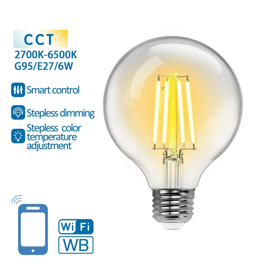 Світлодіодна лампочка з регулюванням яскравості FILAMENT G95 E27/6W/230V 2700-6500K Wi-Fi - Aigostar