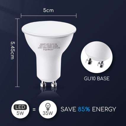 Світлодіодна лампочка з регулюванням яскравості GU10/5W/230V 3000-6500K Wi-Fi - Aigostar