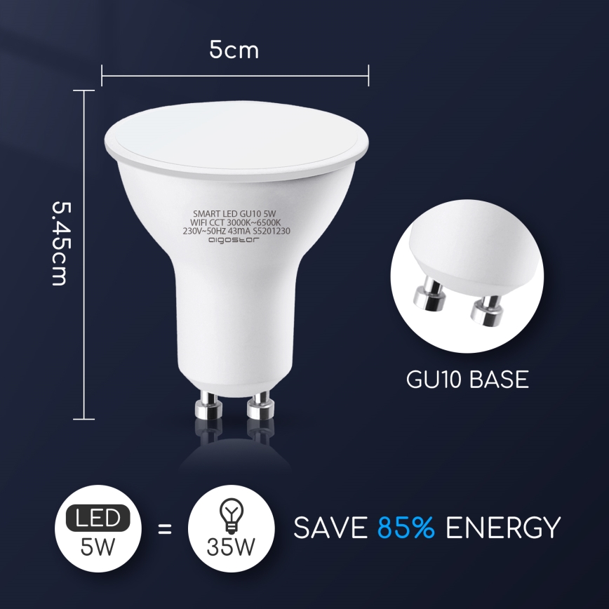 Світлодіодна лампочка з регулюванням яскравості GU10/5W/230V 3000-6500K Wi-Fi - Aigostar